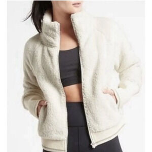 Athleta Tugga Sherpa Jacket Teddy Full Zip Fleece Pockets Athleisure Cozy Boho